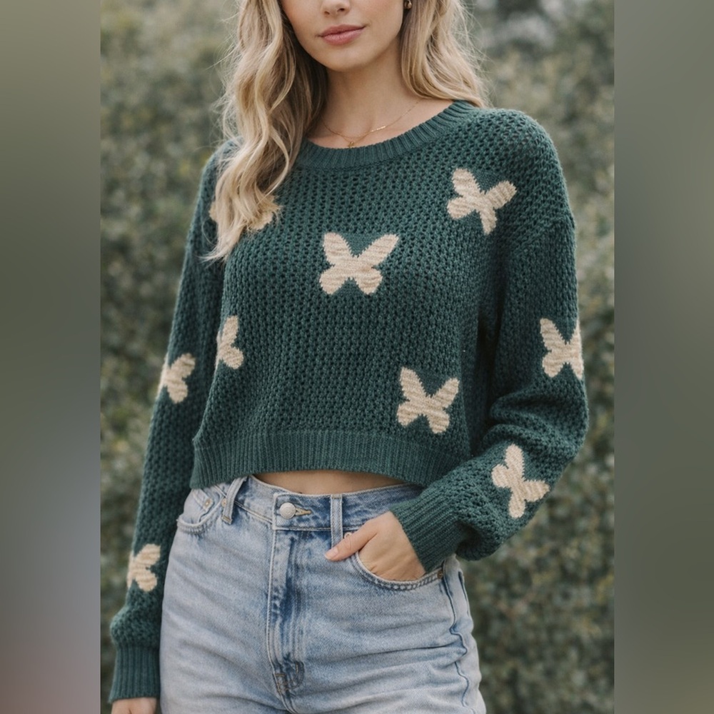 473 Sugar Moon Green Sweater with Butterfly Design Small